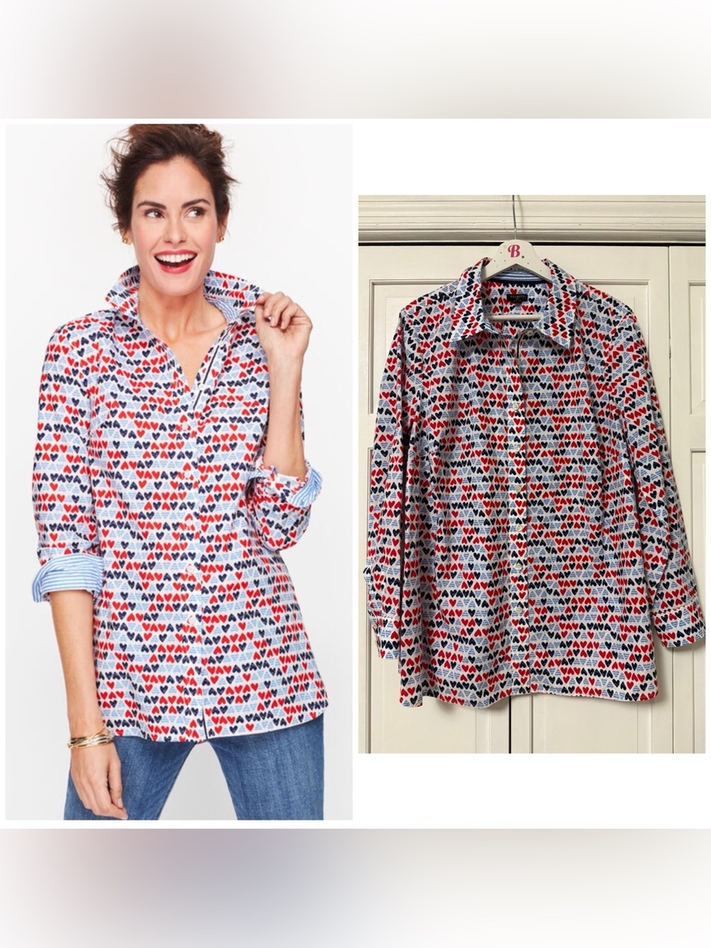 Talbots Classic Cotton Button-Up Shirt with Red & Navy Heart Print Mature 1X
